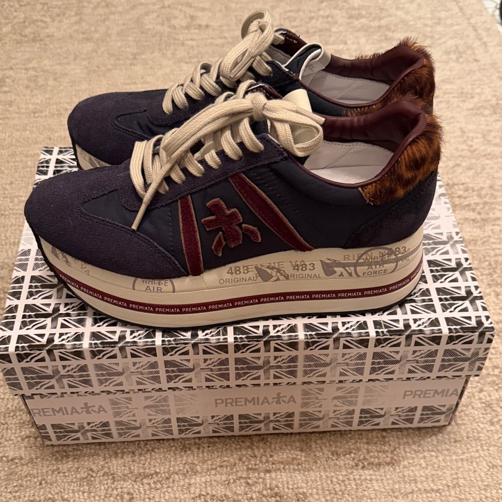 Premiata Beth Platform Sneaker 37EU 7 US Navy & Brown with Fur Trim